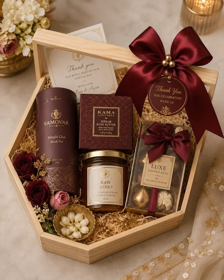 Premium gift hamper with brass bowls and gold-foiled sweet boxes on burgundy silk