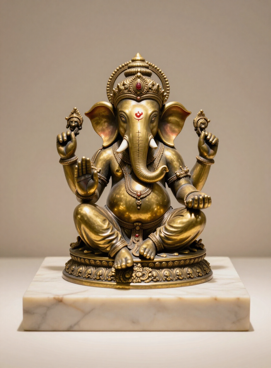 Handcrafted brass Ganesha idol on a cream marble plinth