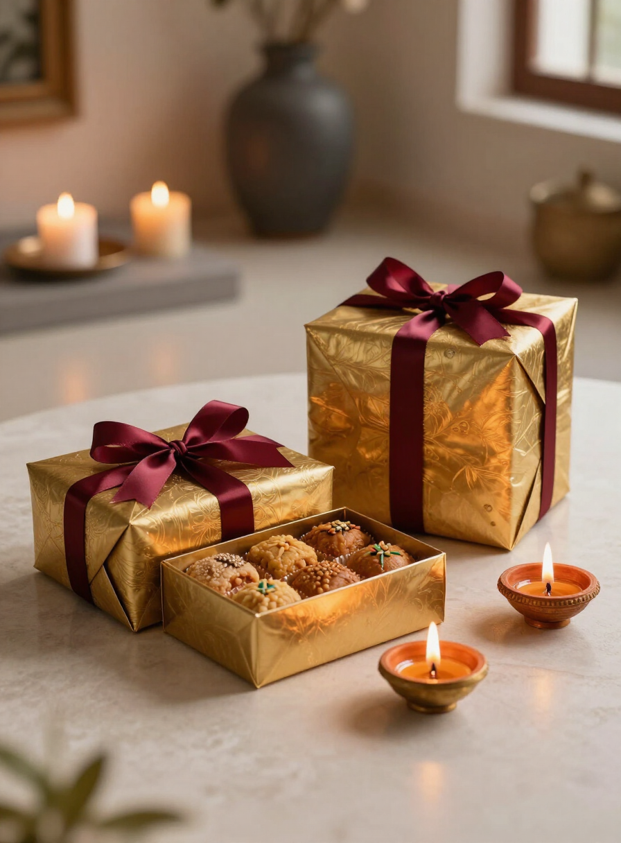 Diwali gift arrangement with lit brass diyas and gold-wrapped mithai boxes