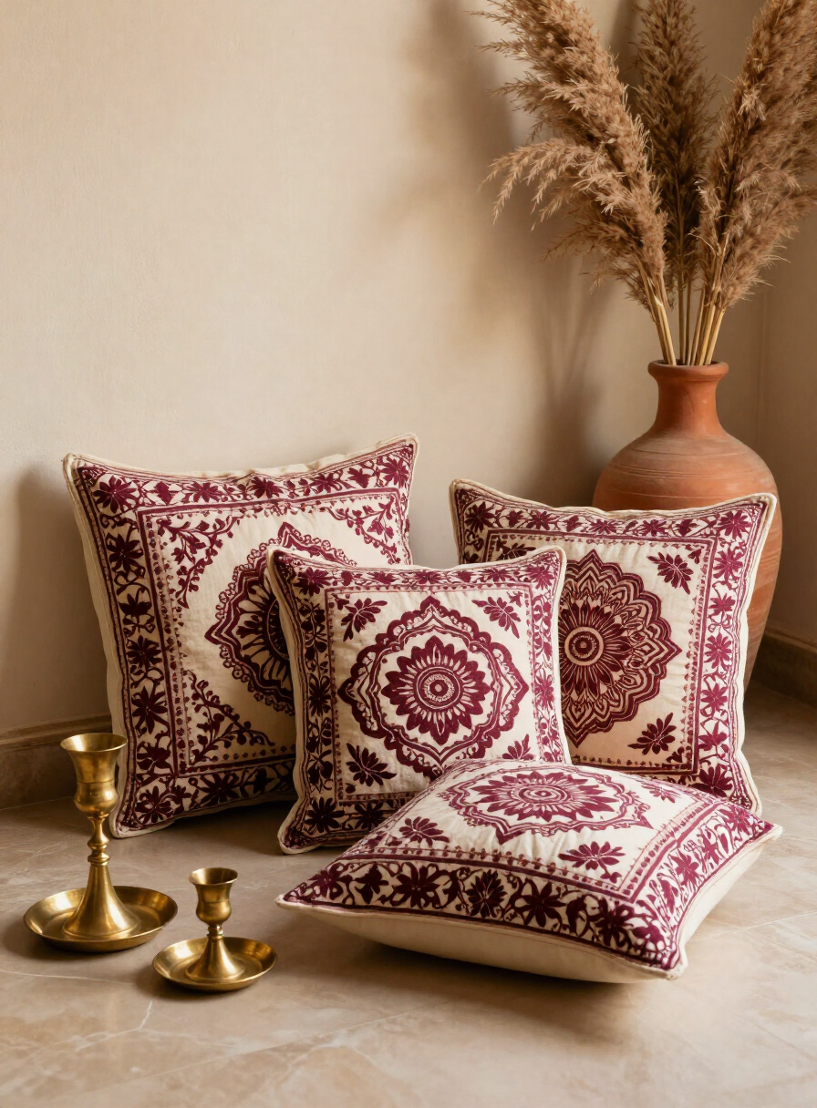 Indian home decor still life with block-printed cushions and brass candle holders