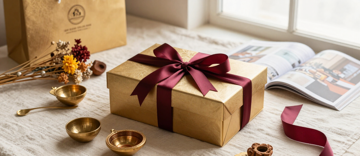 A premium Indian gift hamper arranged on ivory linen with brass diyas, burgundy silk ribbon and gold-foiled boxes