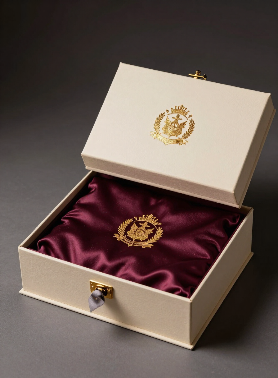Bespoke monogrammed ivory gift boxes with wine silk lining and gold foil crest