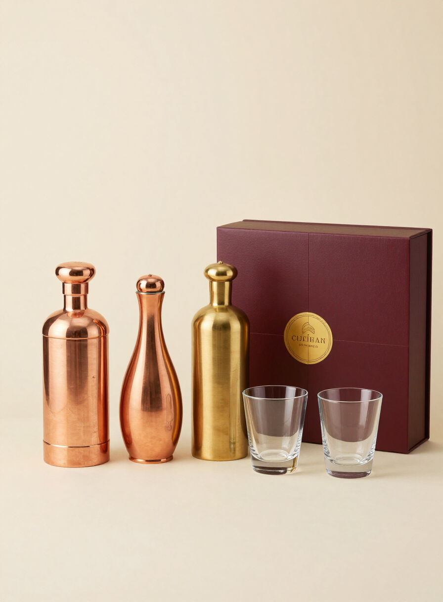 Copper and brass bottles with hand-blown glass tumblers in a burgundy gift box