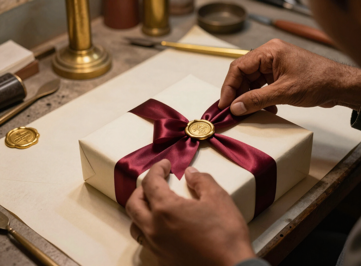 An artisan's hands wrapping a luxury gift box with burgundy silk ribbon and a gold wax seal