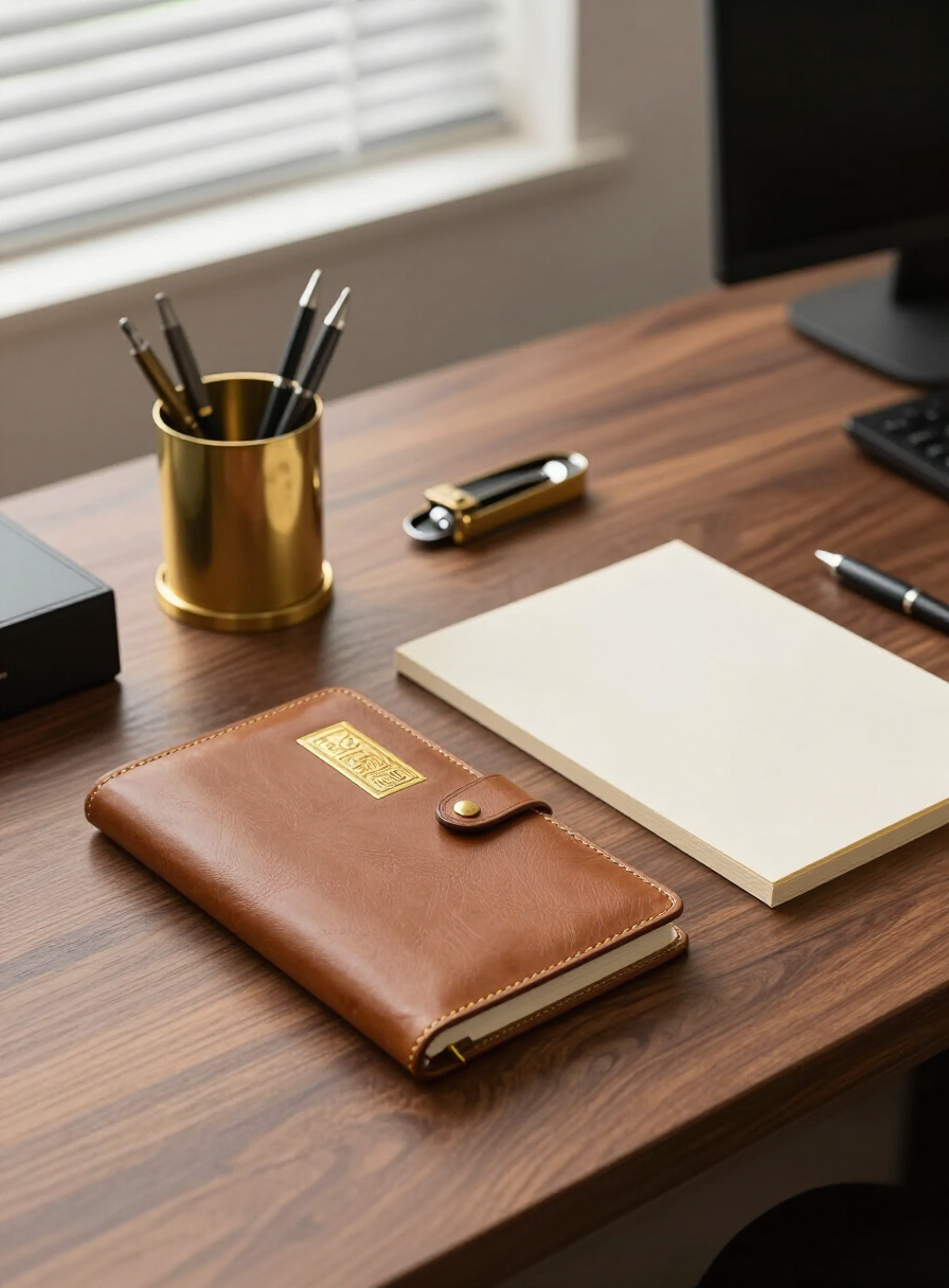 Luxury desk accessories with brass pen holder and gold-embossed leather notebook
