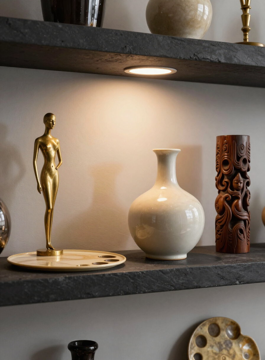 Curated collectible showpieces in brass, ceramic and carved wood on a charcoal shelf