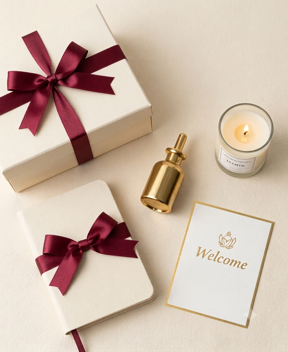 Employee welcome kit flat-lay with ivory box, notebook, brass bottle and candle