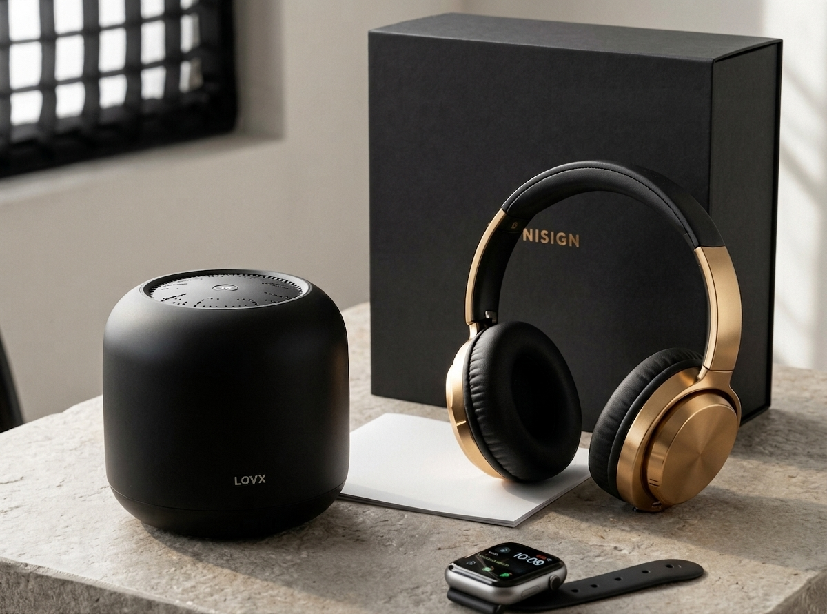 Premium tech gift set with speaker, headphones and smartwatch in a charcoal box